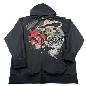 Y2K Avirex Full Zip Hoodie Black XL Skull Streetwear Vintage